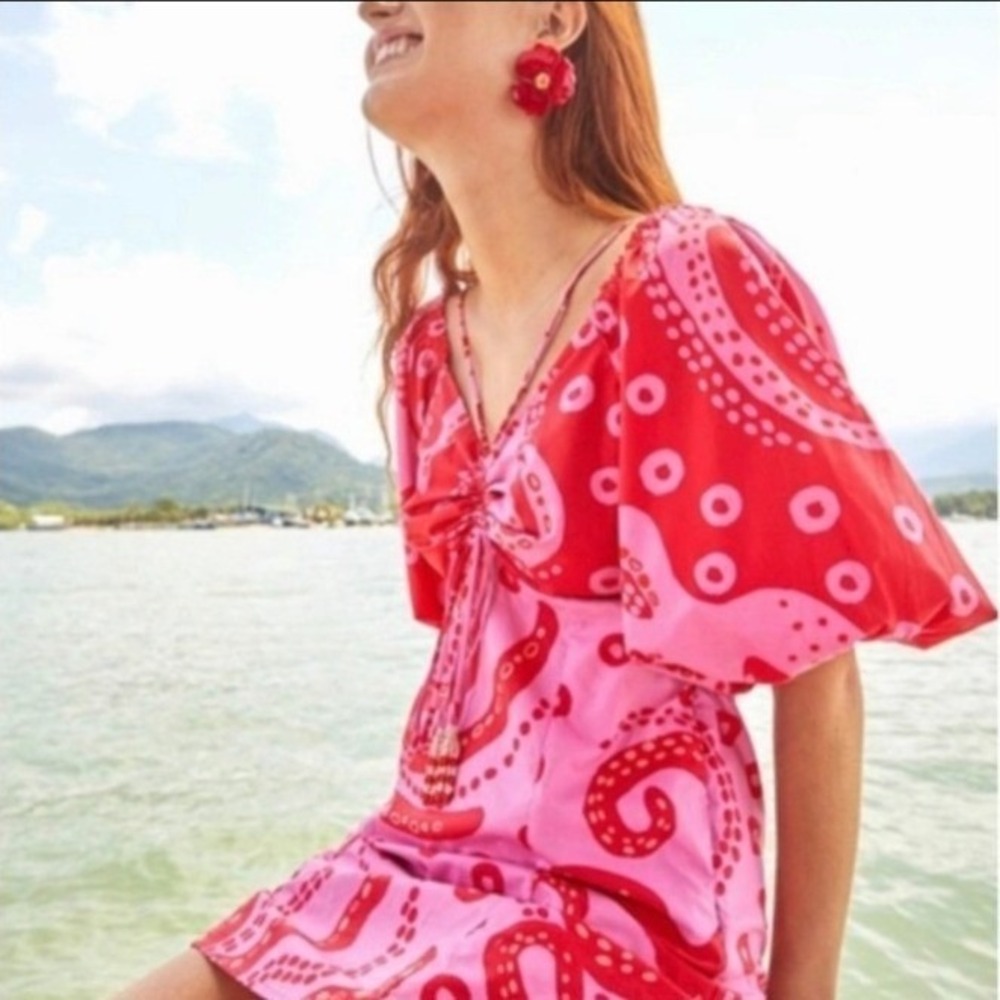 FARM Rio Octocool Mini Dress Puff Sleeves Tropical Boho Whimsical Resort Medium